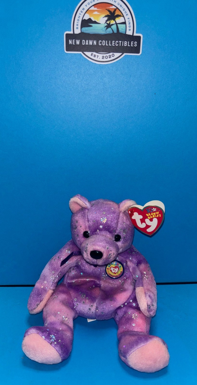 Ty Beanie Baby Clubby VI Purple Bear 7" BBOC Tie Dye Tinsel Glitter Coin NWT